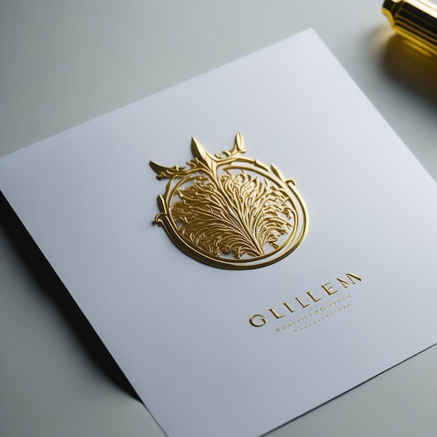 Photo golden logo mockup embossed on white paper