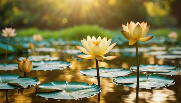 Golden Lotus Flower Pond with Water Lily Vector Artwork