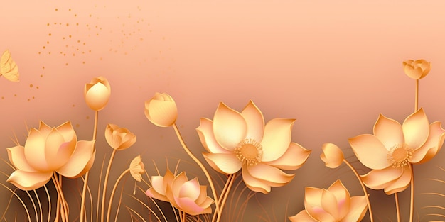 Golden lotus line arts on peach color background luxury gold wallpaper design wedding background color year 2024