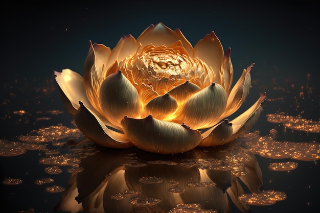 Golden lotus rose blooms at night in the water in the swamp Fantasy magic flower yellow light from inside the reflection of the lotus in the water 3d illustration