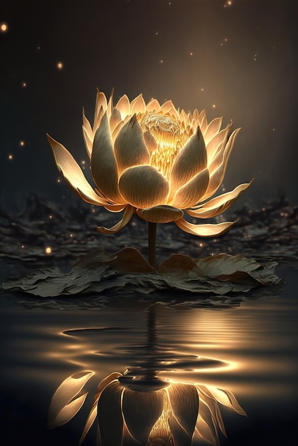 Golden lotus rose blooms at night in the water in the swamp Fantasy magic flower yellow light from inside the reflection of the lotus in the water 3d illustration