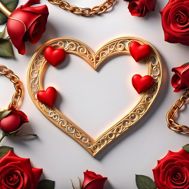 Golden love heart frame necklace inlaid with four red roses and bounded by red and golden floral orn
