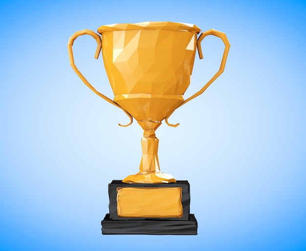 Photo golden low polygons trophy on a blue background. 3d rendering