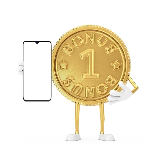 Золотая программа лояльности бонусная монета персонажа талисман и современный мобильный телефон с пустым экраном для вашего дизайна на белом фоне. 3d рендеринг