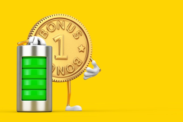 Golden loyalty program bonus coin person character mascot with abstract charging battery on a yellow background. 3d rendering