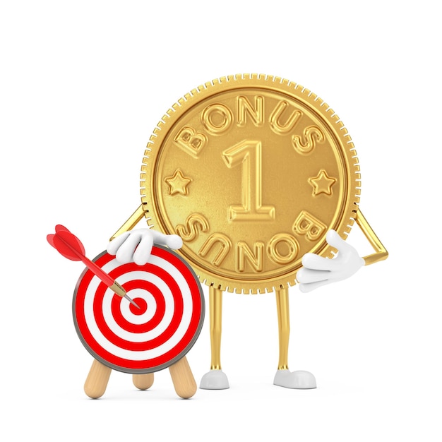 Golden Loyalty Program Bonus Coin Person Character Mascot with Archery Target and Dart in Center on a white background. 3d Rendering