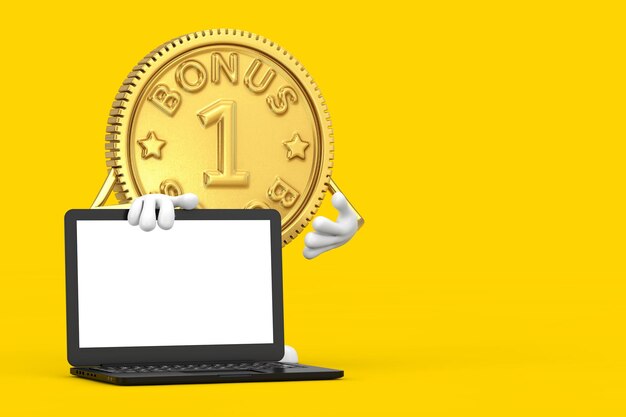 Golden loyalty program bonus coin person character mascot with modern laptop computer notebook and blank screen for your design on a yellow background. 3d rendering