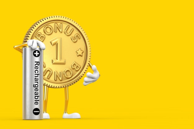 Golden Loyalty Program Bonus Coin Person Character Mascot with Rechargeable Battery on a yellow background. 3d Rendering