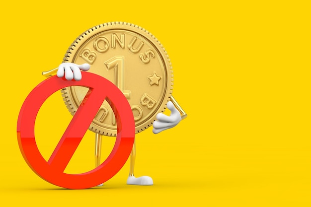 노란색 배경에 빨간색 금지 또는 금지 표지판이 있는 황금 충성도 프로그램 보너스 동전 사람 캐릭터 마스코트. 3d 렌더링