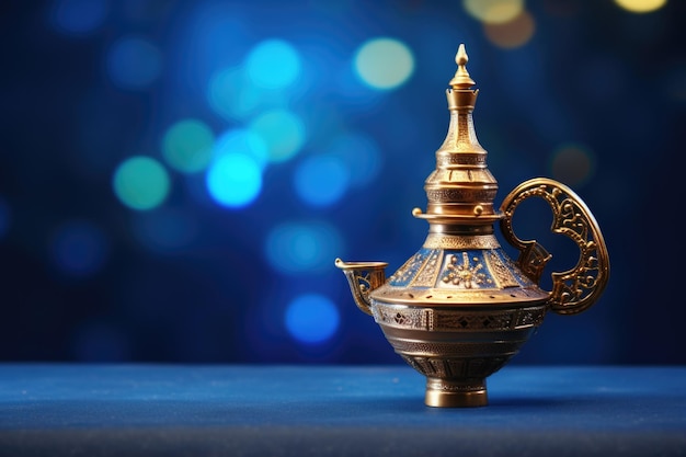 Golden magic lamp on bright and blue background