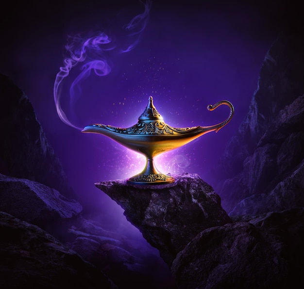 Photo golden magic lamp on bright and purple background