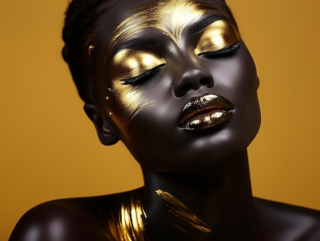 Золотой макияж и художественная краска для тела Модная женщина с металлическим телом Искусство черной кожи Блестящая золотая кожа Модное искусство цифровое ai