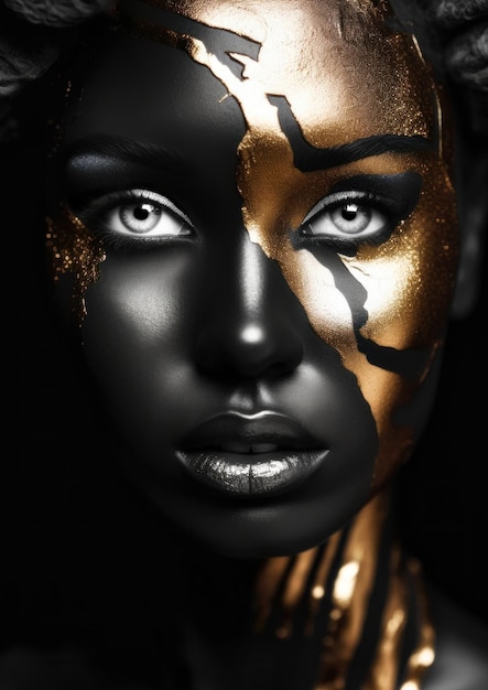 Foto make-up dorato con rossetto nero in vernice su uno sfondo nero concettuale per la cornice