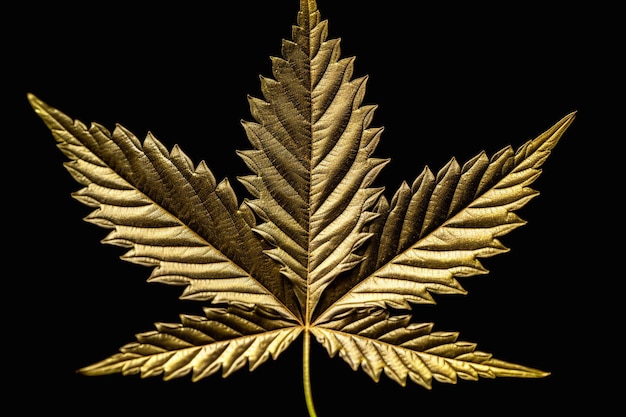 Photo golden marijuana leaf hand drawn narcotic cannabis design element hemp illustration isolated over black background generative ai