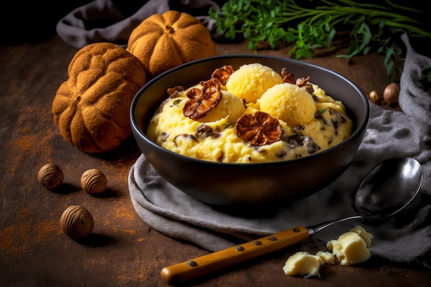 Golden mashed potatoes with delicious fried mushrooms and butter