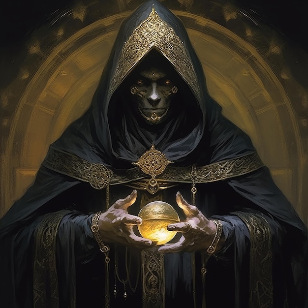 Золотая маска культист божественность фантазия иллюстрация темная черная маска светящиеся глаза литье