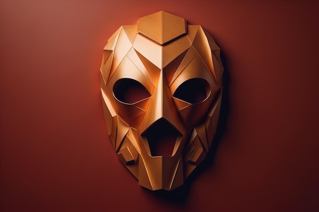 a golden mask on a dark red background generative ai
