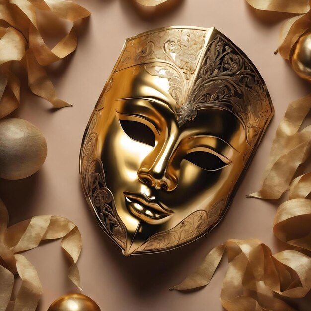 Golden mask and paper decorations top view