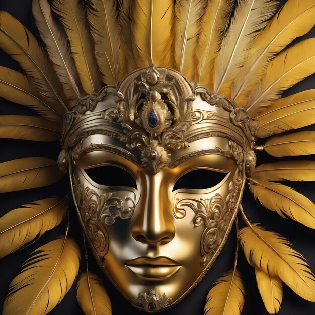 Golden mask with yellow feathers