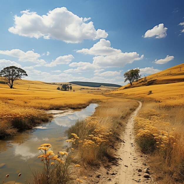 Золотой луговой пейзаж Солнечный пейзаж Фото
