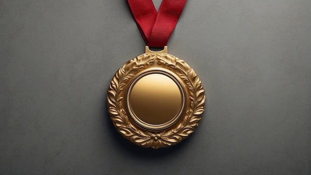 Golden medal on red ribbon with copy space