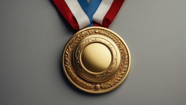 Photo golden medal on red ribbon with copy space