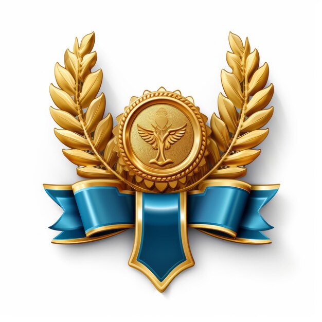 a golden medal with blue ribbon and laurel wreath on a white background