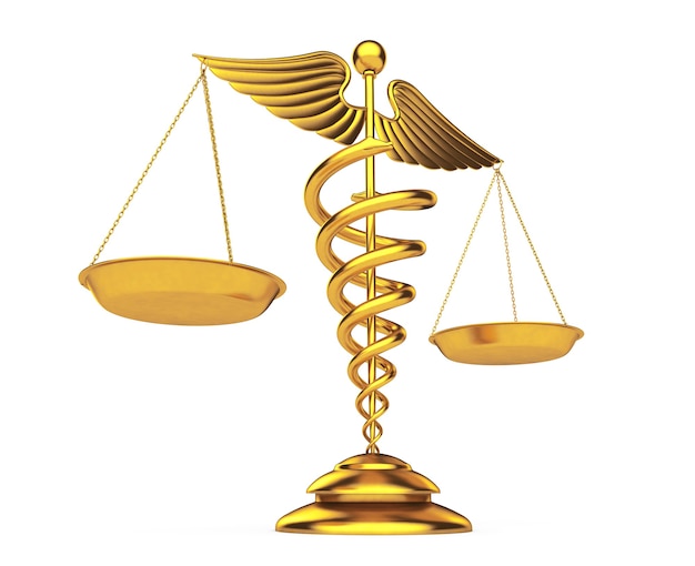 Golden Medical Caduceus Symbol as Scales on a white background. 3d Rendering