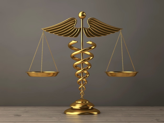 Golden Medical Caduceus Symbol as Scales on a wooden table. 3d Rendering