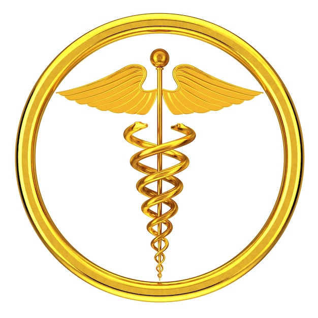 白い背景の上の黄金の医療カドゥケウスのシンボル。 3Dレンダリング