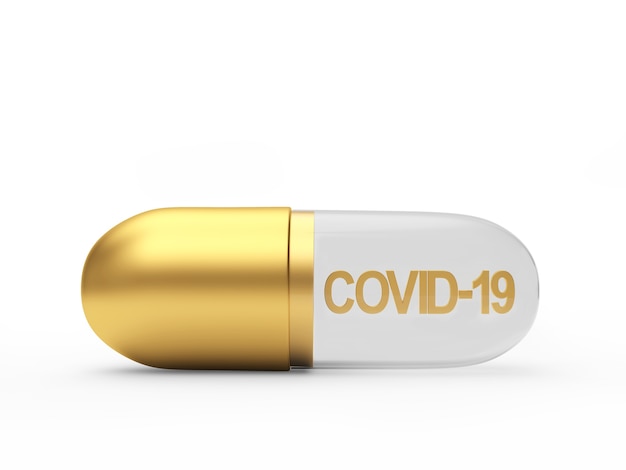 Covid-19アイコンが付いた黄金の医療カプセル