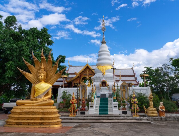 Golden meditated buddha statue with nagacovered and white pagoda at Wat Phra That Doi Leng Temple