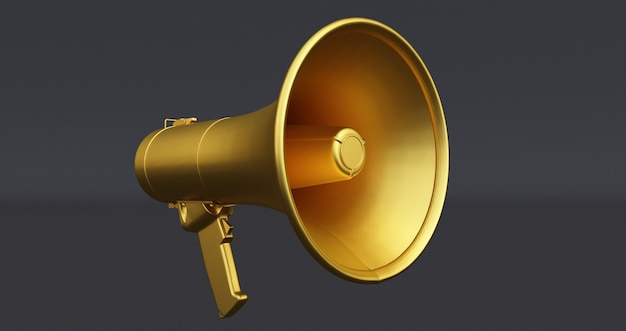 Golden megaphone isolated on black background, 3d rendering of bullhorn