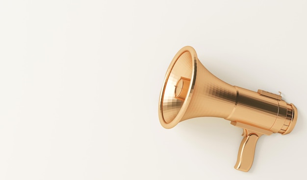 Photo golden megaphone on a pastel beige background minimal loudspeakers conceptual 3d render