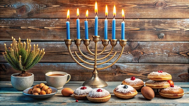 a golden menorah with candles on a table and a cup of coffee