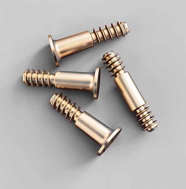 Golden metal screws on gray background