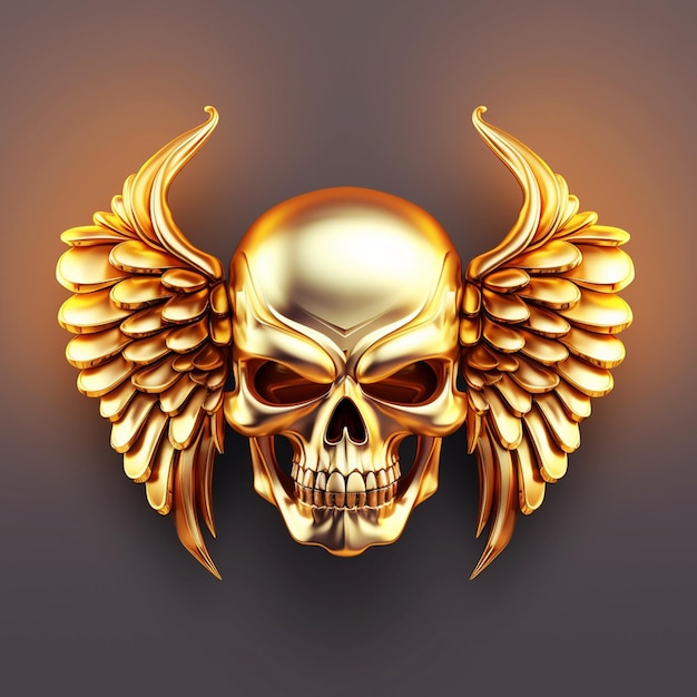 Golden metal skull head with bird wings Halloween tattoo symbol illustration