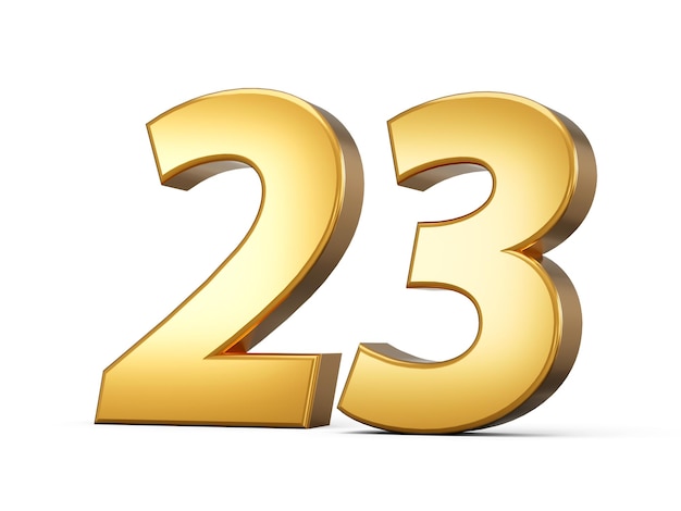 Golden metallic Number 23 Twenty three White background 3d illustration