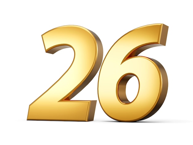 Golden metallic Number 26 twenty six White background 3d illustration