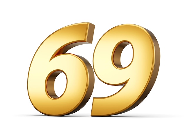 Golden metallic Number 69 Sixty nine White background 3d illustration