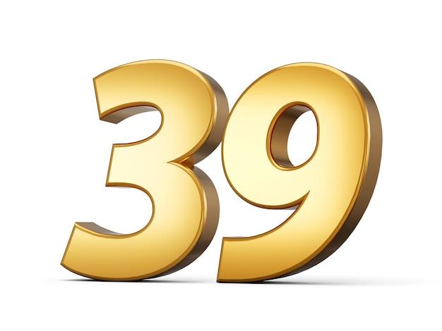 Golden metallic Number 39 thirty nine White background 3d illustration