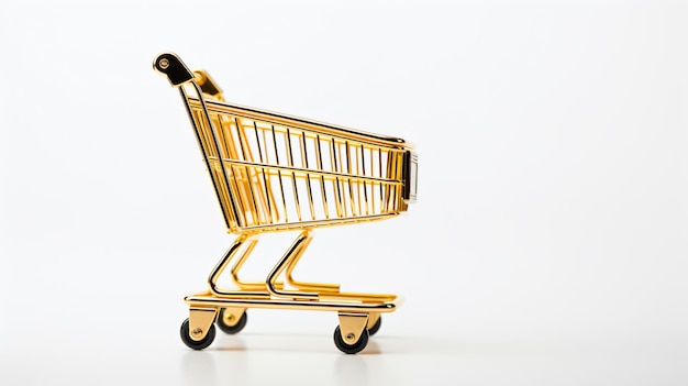 Golden metallic shopping cart isolated on white background