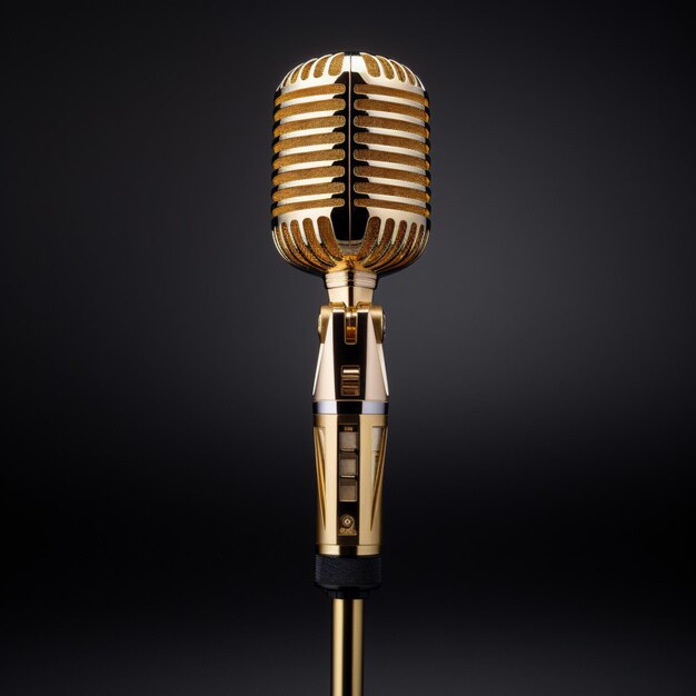 Photo golden microphone on gray background