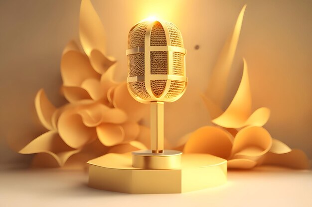 Photo golden microphone in a podium paper art style ai generated background