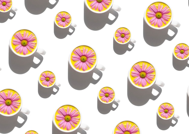 Golden milk pattern with pink daisy and white background