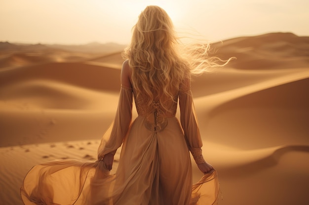 Golden Mirage Blonde Wanderer in vloeiende jurk te midden van het fluisterende zand van de Sahara