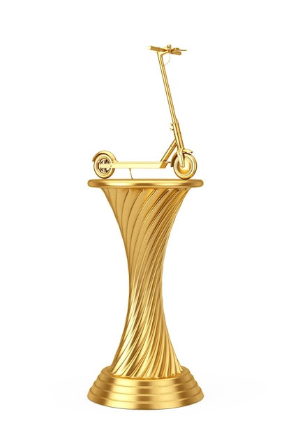 Золотой современный эко электрический самокат на пьедестале золотой награды на белом фоне. 3d рендеринг