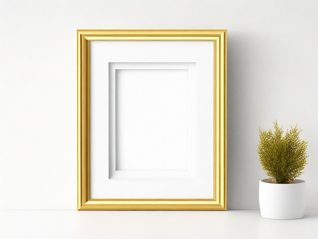 Photo golden modern picture frame on a shelf with plants