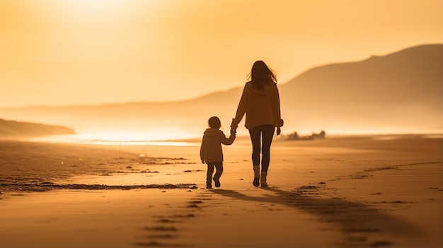 Golden Moments Mother and Child's Sunset Beach Walk