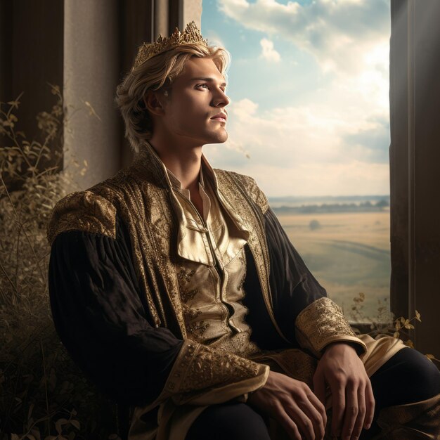 Photo the golden monarch a captivating portrait of a young nobleman amidst lush wheat fields